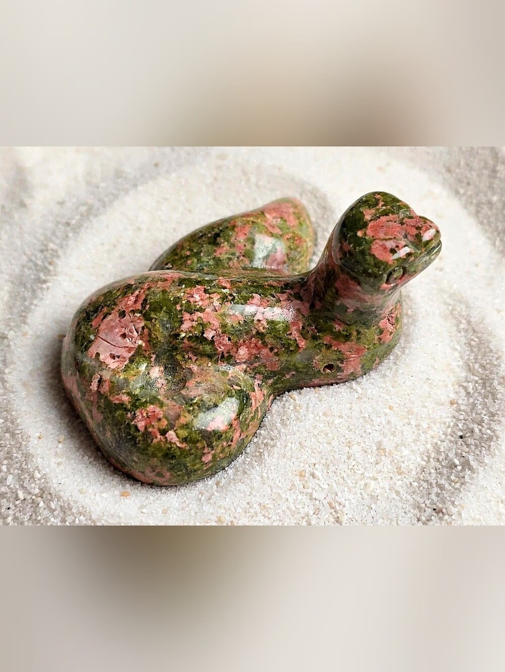 65g Unakite Jasper Snake Figurine, Healing Crystals Pink Green Stone 2.5x1.5" - Picture 3 of 3